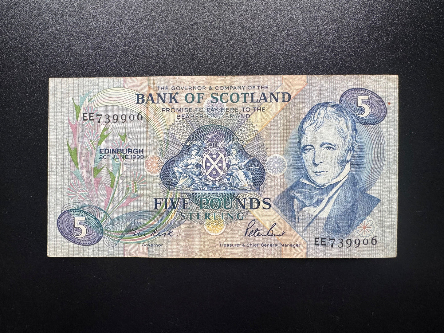 Bank of Scotland 5 Pounds Banknote 1990 Old Circulated Paper Bank Bill P-112