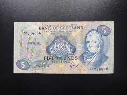 Bank of Scotland 5 Pounds Banknote 1990 Old Circulated Paper Bank Bill P-112