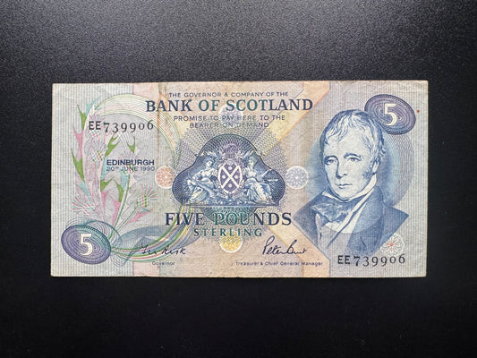 Bank of Scotland 5 Pounds Banknote 1990 Old Circulated Paper Bank Bill P-112