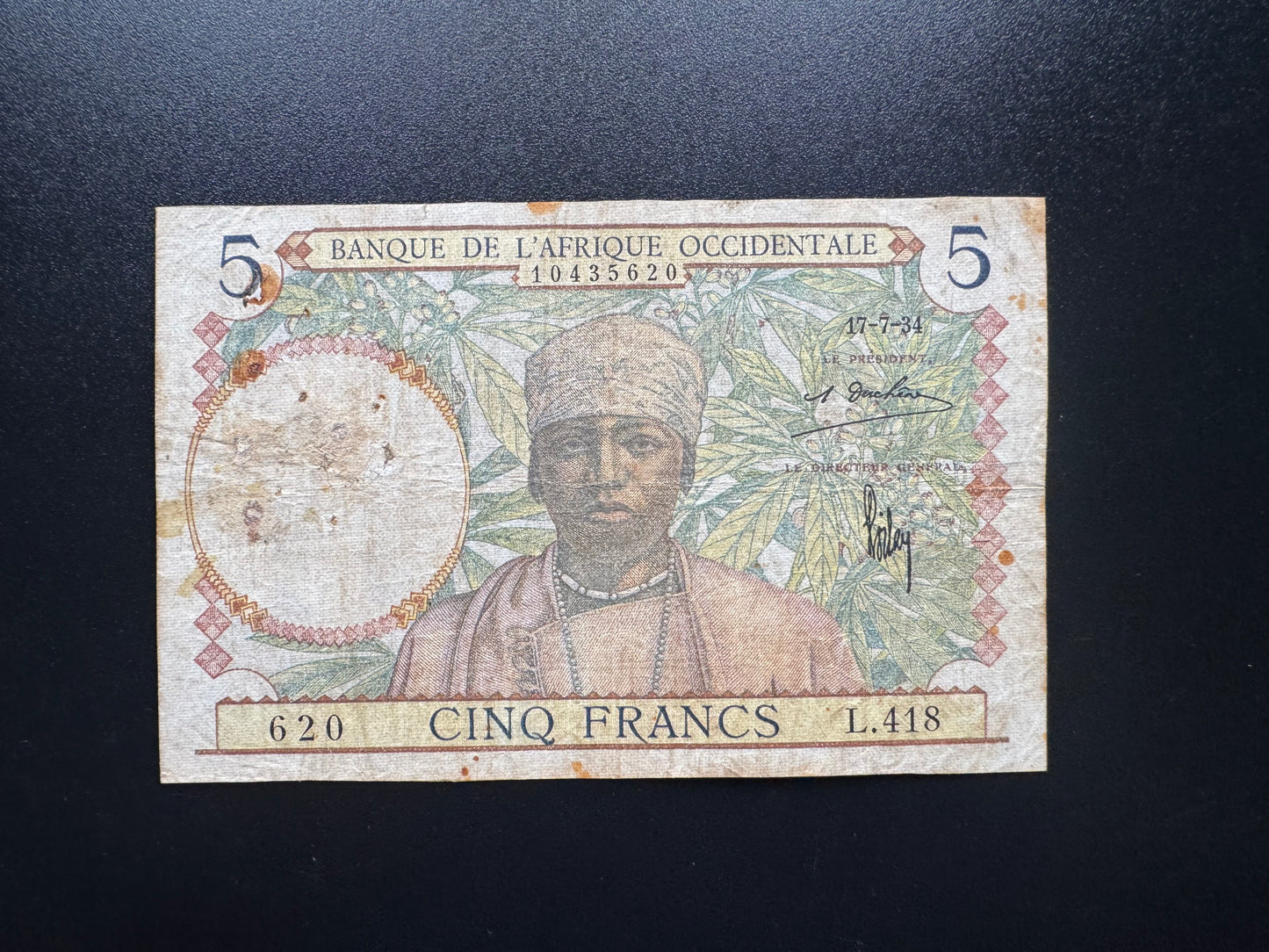 French Africa Occidental 5 Francs Banknote 17-7-1934 Rare First Date Issue P-21