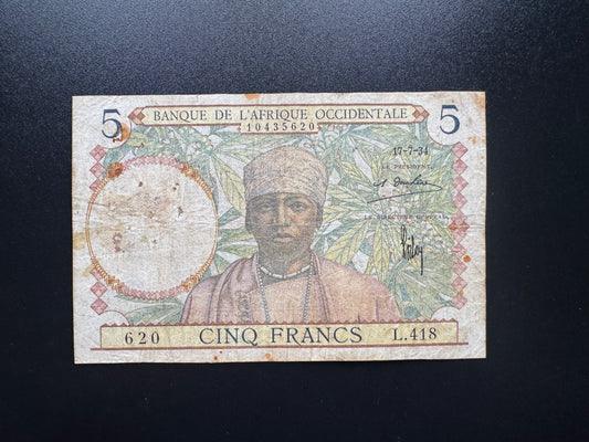 French Africa Occidental 5 Francs Banknote 17-7-1934 Rare First Date Issue P-21