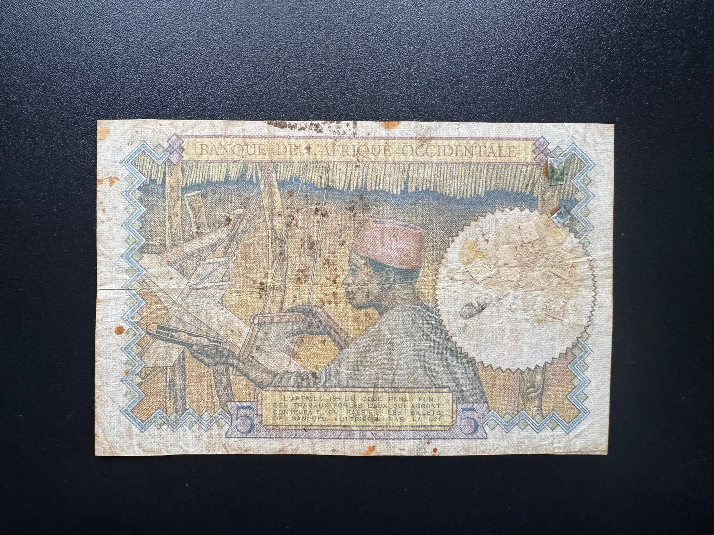 French Africa Occidental 5 Francs Banknote 17-7-1934 Rare First Date Issue P-21