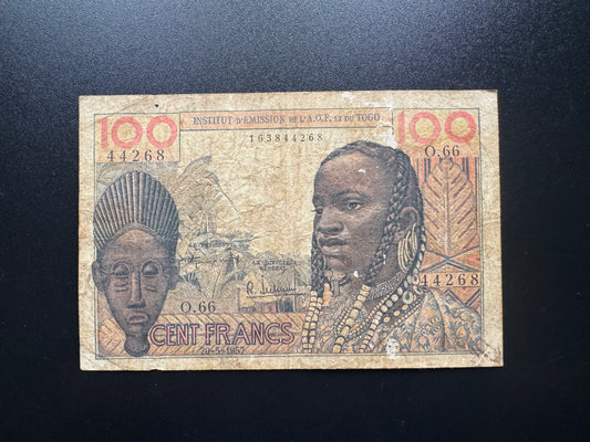 French West Africa Togo 100 Francs Banknote 1957 Rare Date Old Paper Bill P-46