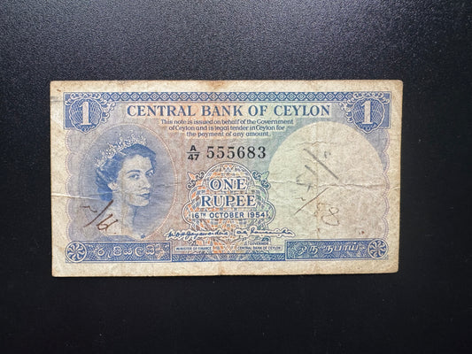 Ceylon 1 Rupee Banknote 1954 Old Circulated Queen Elizabeth Sri Lanka Bills P-49