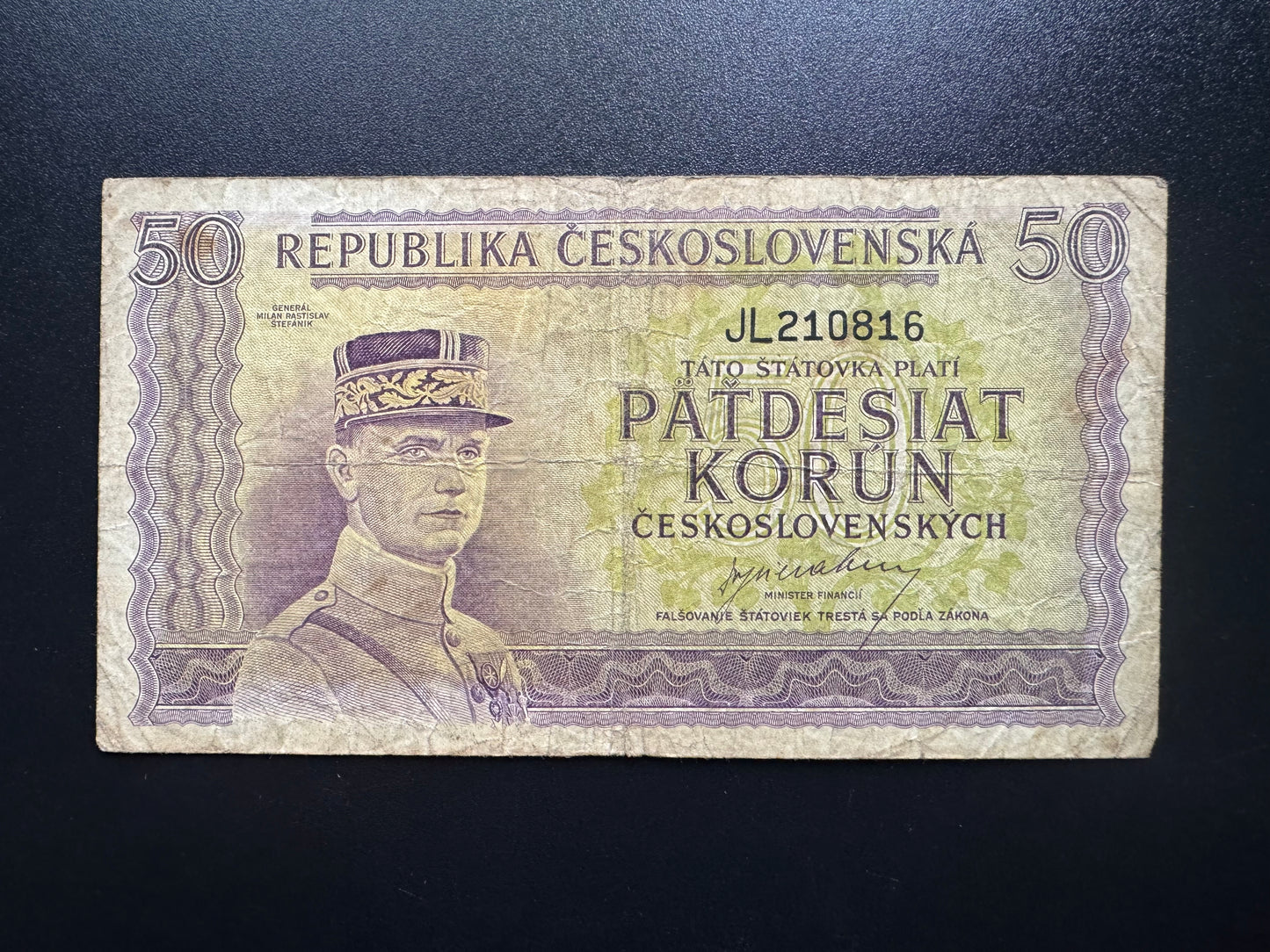 Czechoslovakia 50 Korun Banknote 1945 REPUBLIKA ČESKOSLOVENSKÁ Bank Bill P-62