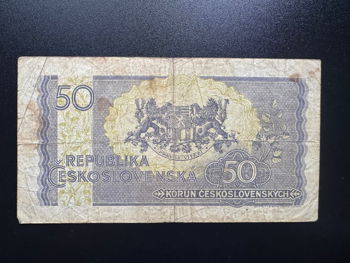 Czechoslovakia 50 Korun Banknote 1945 REPUBLIKA ČESKOSLOVENSKÁ Bank Bill P-62
