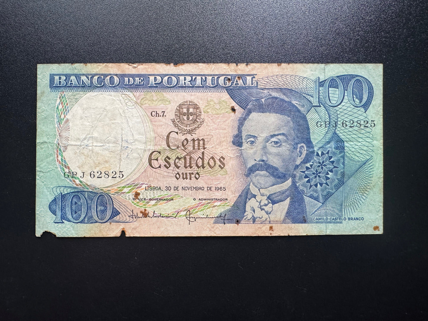 Portugal 100 Escudos Banknotes 1965 Old Circulated Paper Money Bank Bill P-169