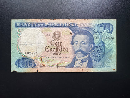 Portugal 100 Escudos Banknotes 1965 Old Circulated Paper Money Bank Bill P-169