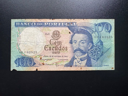 Portugal 100 Escudos Banknotes 1965 Old Circulated Paper Money Bank Bill P-169