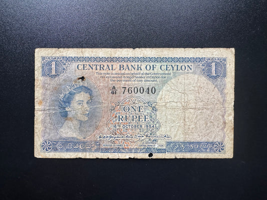 Ceylon 1 Rupees Banknote 1954 Old Circulated Queen Elizabeth Sri Lanka Bill p-51