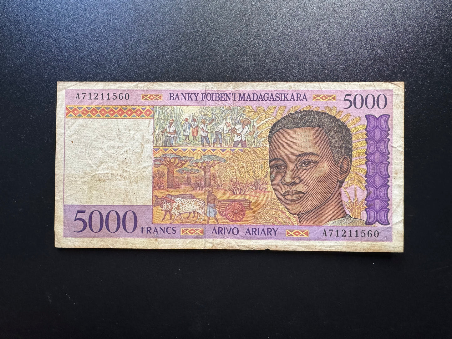 Madagascar 5000 Francs Banknote 1995 old Circulated Paper Bank Bill P-78b