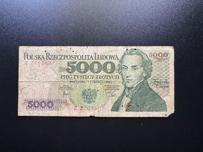 Poland 5000 Zloty Collectible Banknote 1982 | Circulated | P-150 | Z-Prefix Replacement