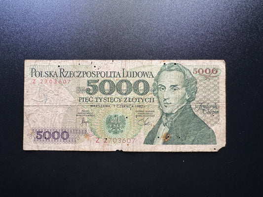 Poland 5000 Zloty Banknote 1982 old Circulated Z-Prefix Replacement Bill P-150