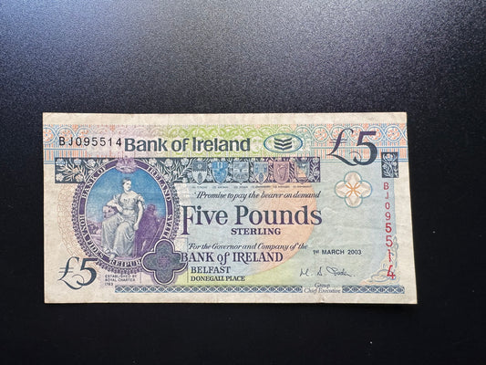 North Ireland 5 Pounds Banknote 2003 Old VF Paper Money Bank Bills P-79