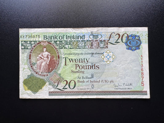 North Ireland 20 Pounds Banknote 2013 Error Print Shifted to Left Edge Bill P-88
