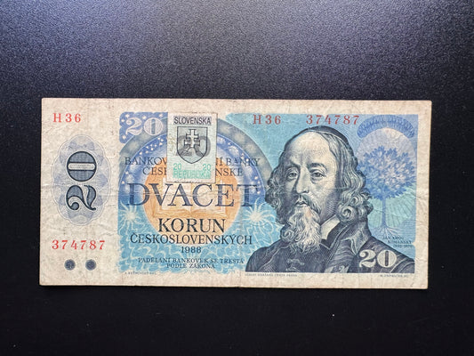 Czechoslovakia 20 Korun Banknote 1988 Vintage Rare Slovakia Stamp Bank Bill P-96