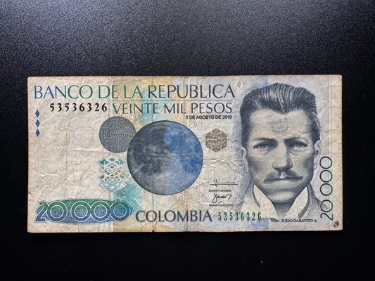 Colombia 20000 Pesos Banknote 2010 Old Circulated Paper Money Bank Bill P-454v