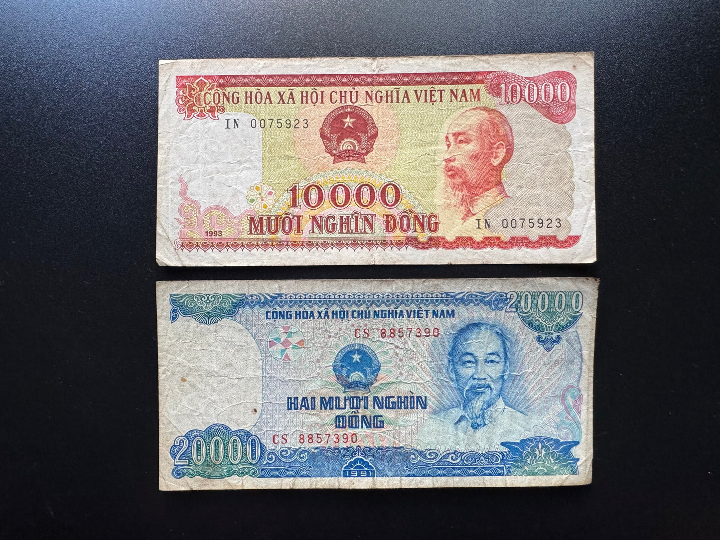 Vietnam 10000, 20000 Dong Banknotes 1991-1993 old Circulated Bills 2 Pcs / Lot