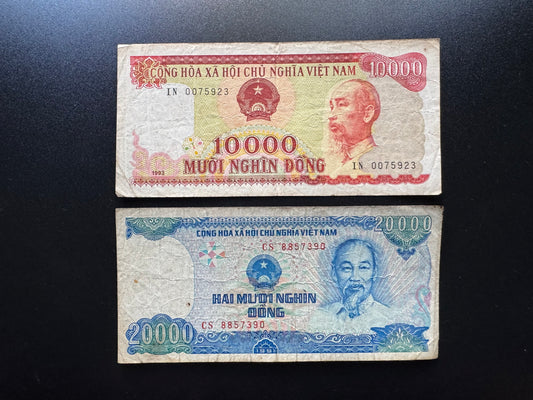 Vietnam 10000, 20000 Dong Banknotes 1991-1993 old Circulated Bills 2 Pcs / Lot