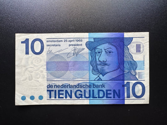 Netherlands 10 Guldens Banknote 1968 Old AUNC-VF Paper Money Bank Bill P-91