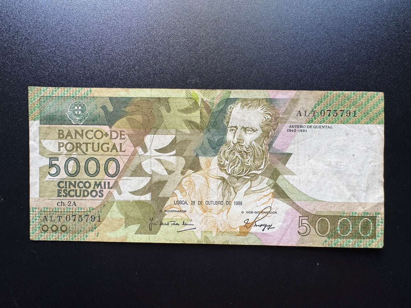Portugal 5000 Escudos Banknote 1988 Old Circulated Paper Bank Bill p-184a(2)