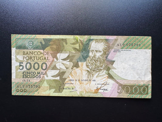 Portugal 5000 Escudos Banknote 1988 Old Circulated Paper Bank Bill p-184a(2)