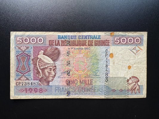 Guinea 5000 Francs Banknote 1998 Old Circulated Paper Bank Bill P-38