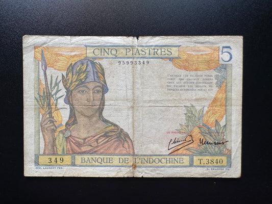 Indochina / French Indochina 5 Piastres Banknote 1949 Old Circulated Bill P-54e