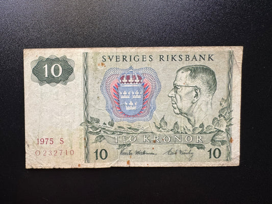 Sweden / Swedish 10 Kronor Banknote 1975 Old Circulated Paper Bank Bill P-52