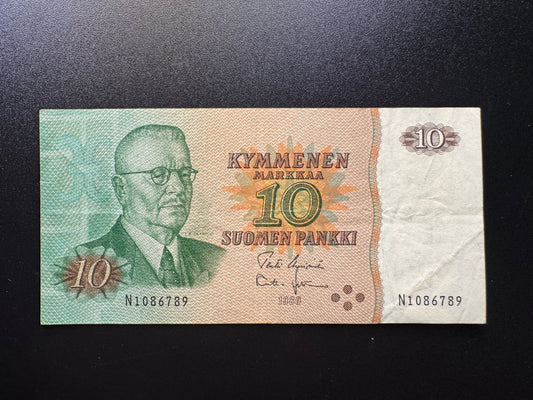 Finnish Finland 10 Markkaa Banknote 1980 Old Criculated Paper Money Bank Bill P-111