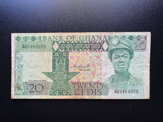 Ghana 20 Cedis Banknote 1982 Old Circulated Paper Money Bank Bill P-21c