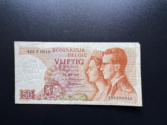 Belgium 50 Francs Banknote 1966 old Circulated S/N Z-Numbers Paper Money P-139