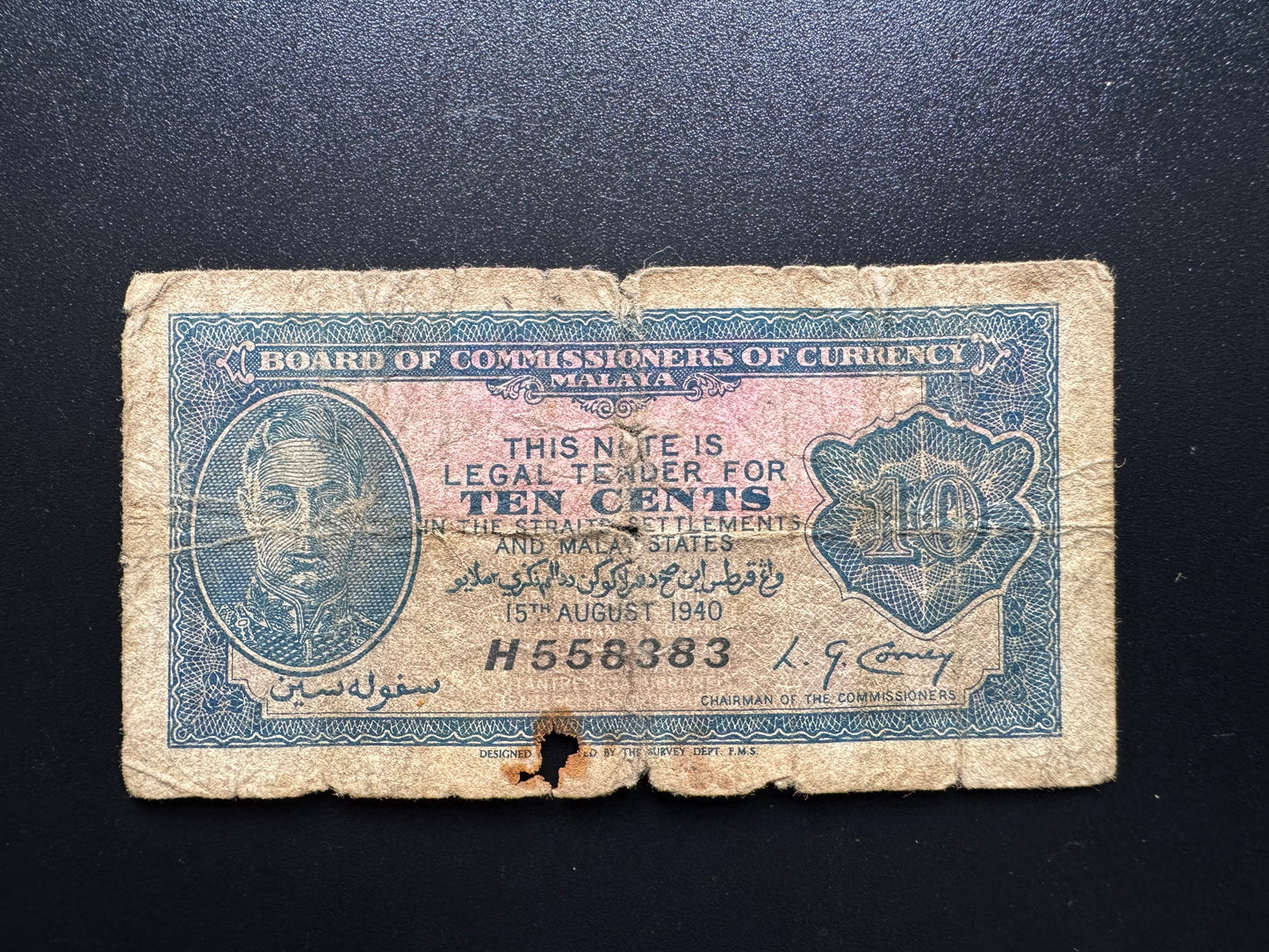 Malaya 10 Cents Banknote 15-August-1940 Old Circulated Rare Bank Bill P-2