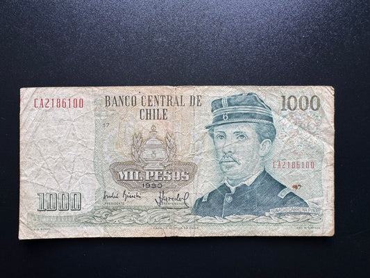 Chile 1000 Peso Banknote 1990 Old Circulated Paper Money Bank Bill P-154