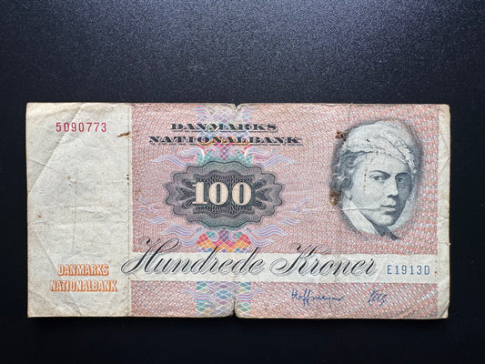 Denmark 100 Kroner Banknote 1972 Old Circulated Paper Money Bank Bill P-51