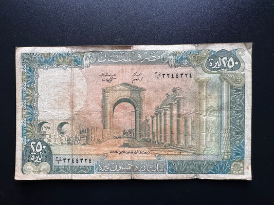 Lebanon 250 Livres Banknote 1988 1st Prefix S/N Fancy Repeater Numbers 324 4 324