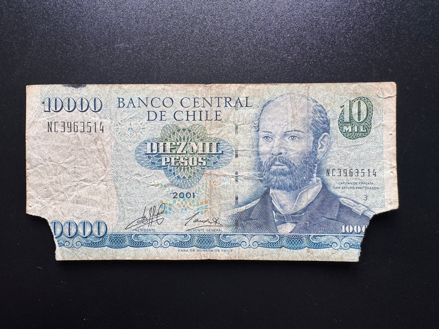Chile 10000 Pesos Banknote 2001 Old Circulated Rare Date Damaged Bank Bill P-157