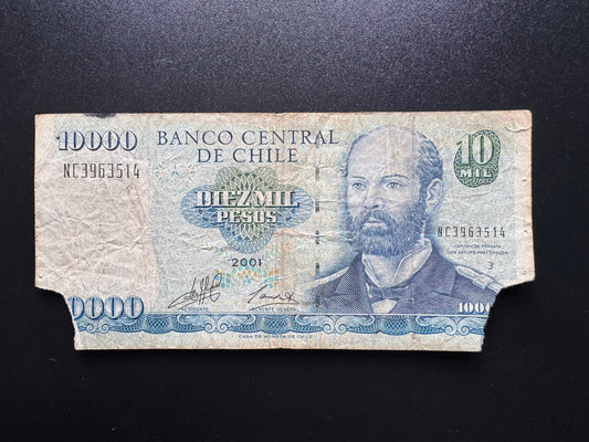 Chile 10000 Pesos Banknote 2001 Old Circulated Rare Date Damaged Bank Bill P-157