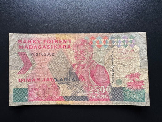 Madagascar 2500 Francs Banknote 1993 old Circulated Paper Bank Bill P-72a