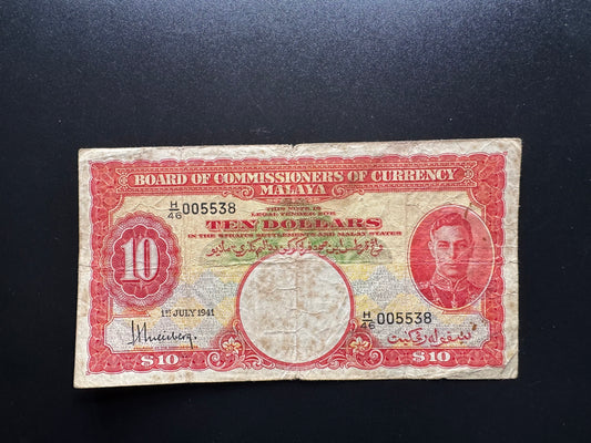 Malaya 10 Dollars Banknote 1941 Old Circulated Paper Money P-13 King George Bill