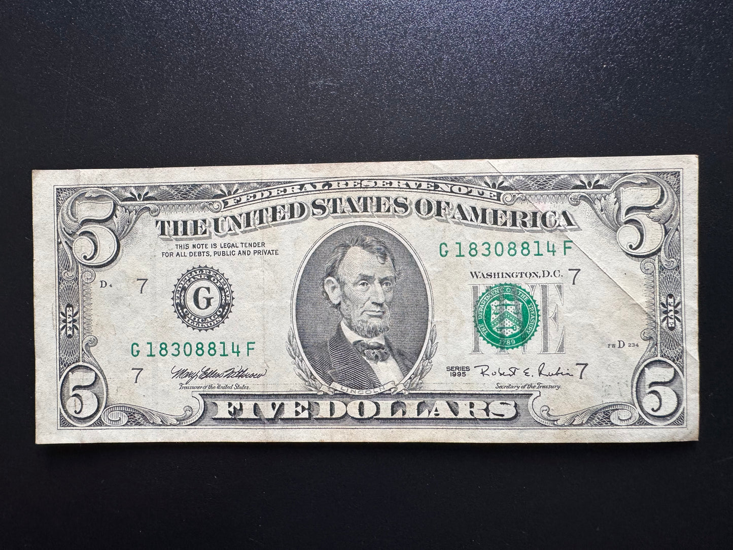 USA US $5 Dollar 1995 Old Circulated Banknote G - Chicago Bank Bill P-498