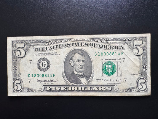 USA US $5 Dollar 1995 Old Circulated Banknote G - Chicago Bank Bill P-498