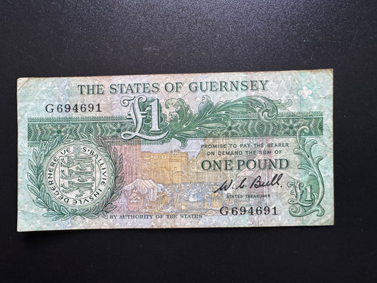 Guernsey 1 Pound Banknote 1980 old Circulated Paper Money Bank Bill P-48a