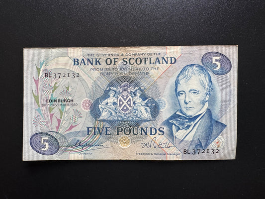 Bank of Scotland 5 Pounds Banknote 1980 Old VF Paper Bank Bill P-112d