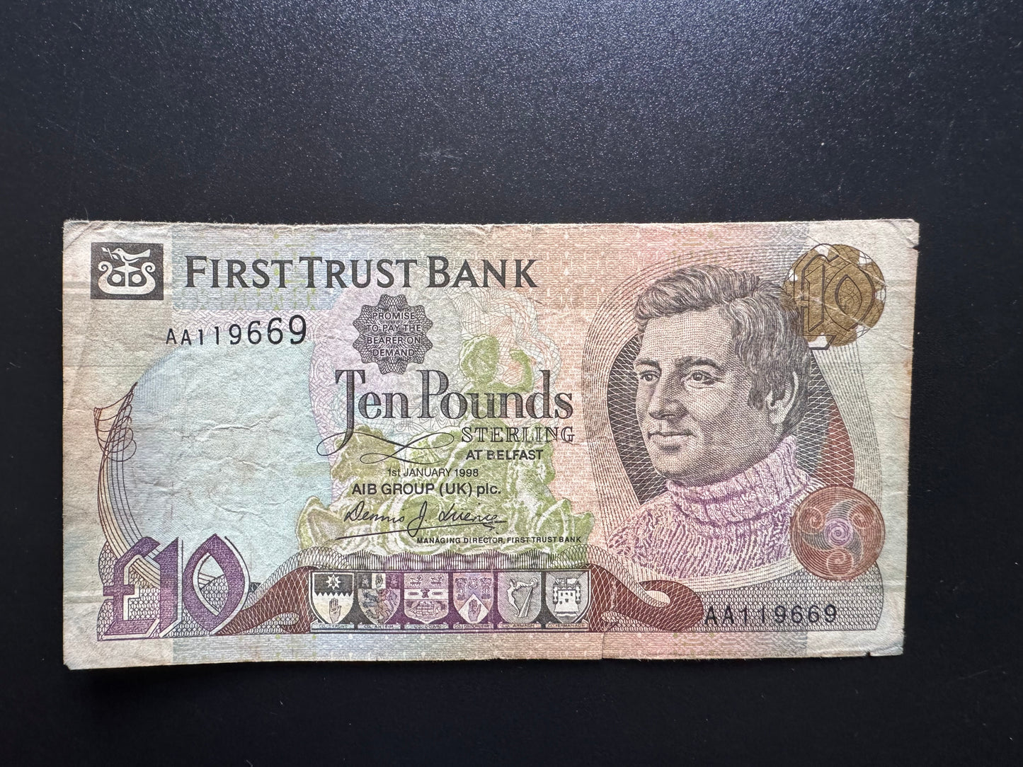 North Ireland 10 Pounds Banknote 1998 Prefix Repeat Numbers AA119669 Bills P-136