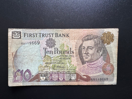 North Ireland 10 Pounds Banknote 1998 Prefix Repeat Numbers AA119669 Bills P-136