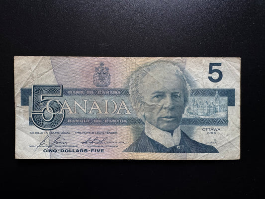 Canada 5 Dollars Banknote 1986 old Circulated CAD Paper Money Bank Bill P-95