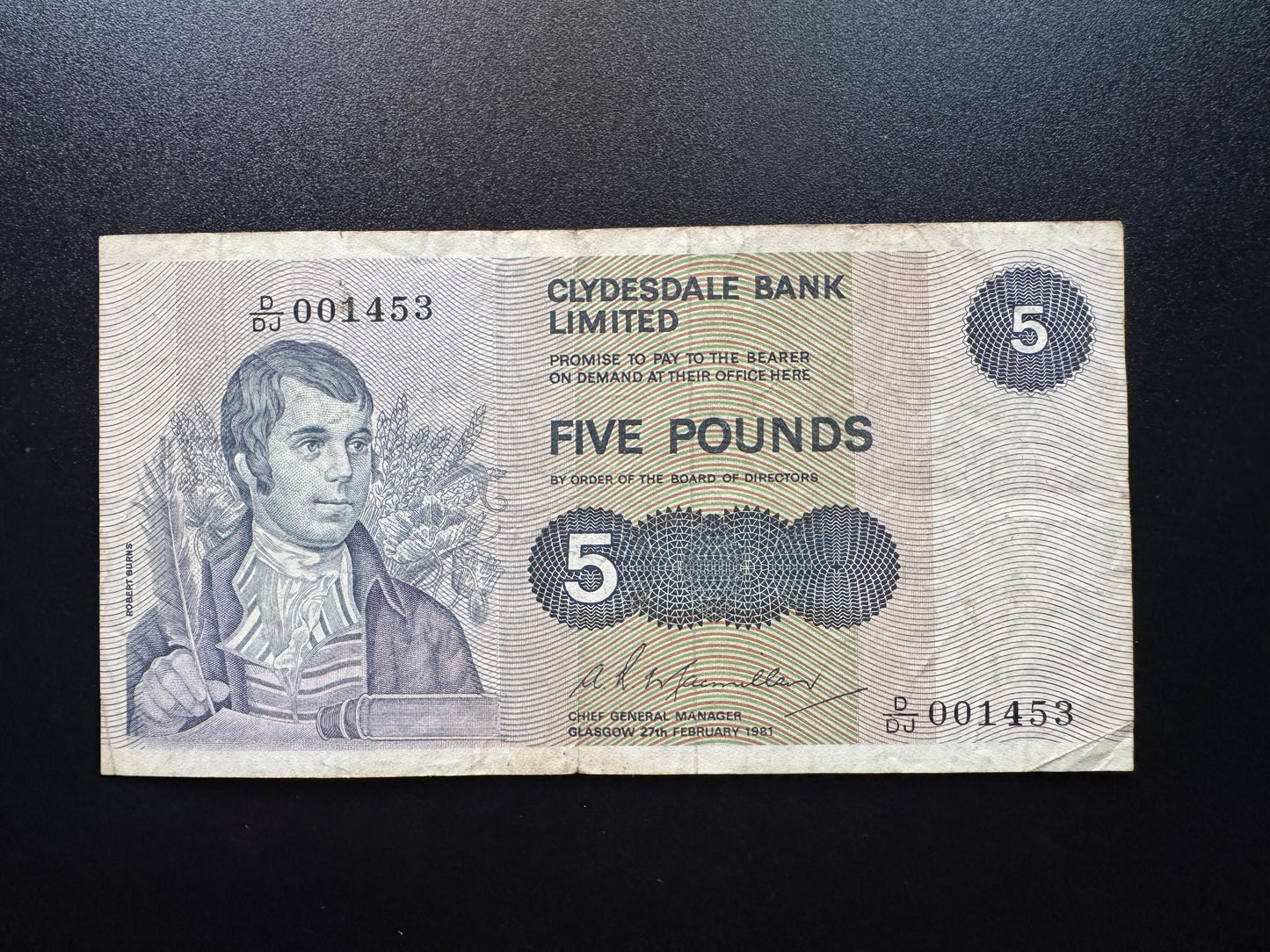 Scotland Clydesdale Bank 5 Pounds Banknote 1981 S/N Low Serial 001453 Bill P-205