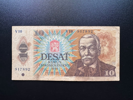 Czechoslovakia 10 Korun Banknote 1986 Old Circulated Paper Money Bank Bills P-94