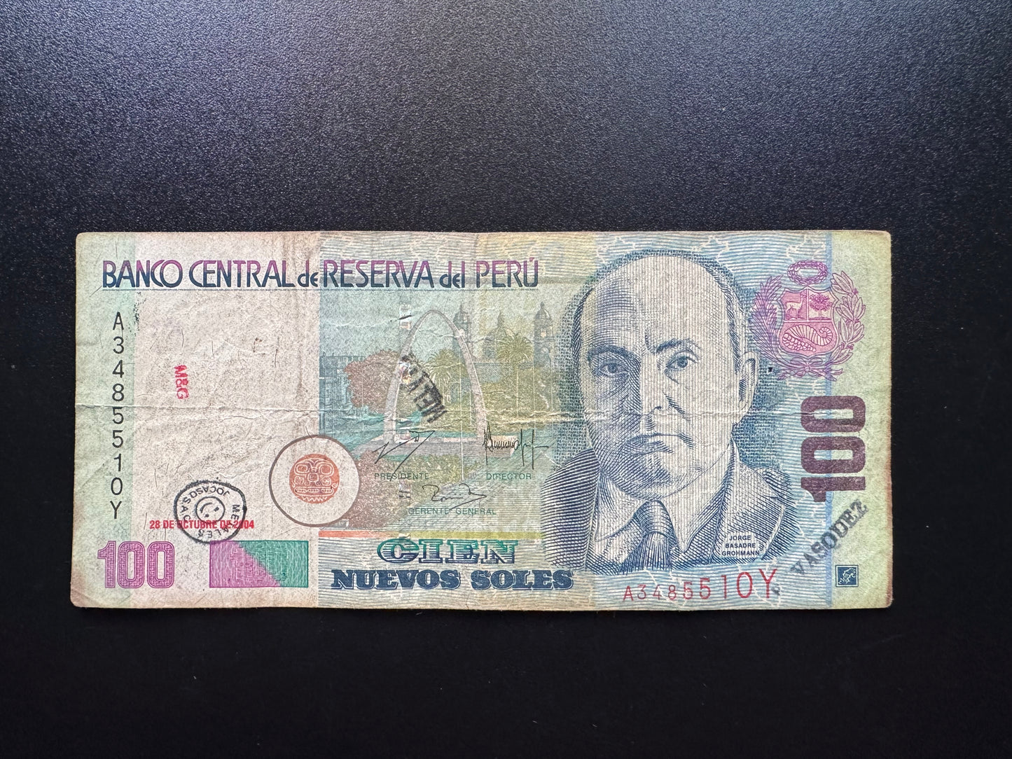 Peru 100 Nuevos Sole Banknote 2004 Old Circulated Paper Money Bank Bill P 178b
